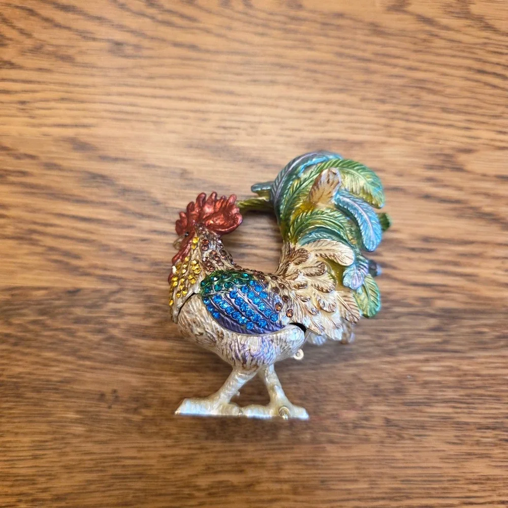 Multicolor Enamel Rooster Trinket Box Rhinestone Bejeweled Hinged Figurine‎ 3in